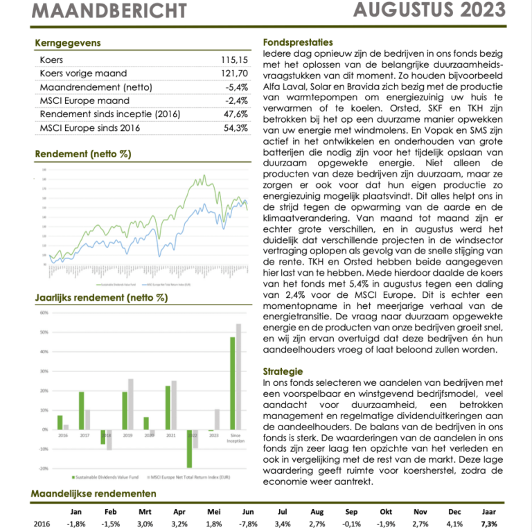 Sustainable Dividends Value Fund Maandbericht Augustus 2023