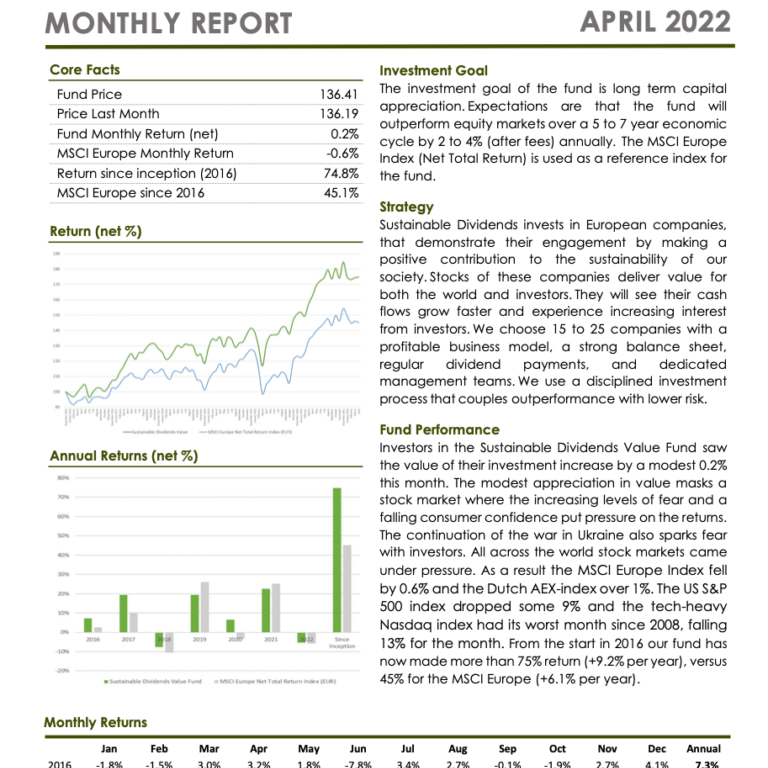 Sustainable Dividends Value Fund Monthly Report April 2022