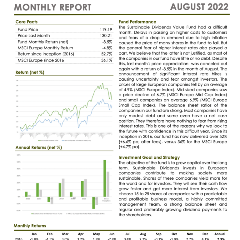 Sustainable Dividends Value Fund Monthly Report August 2022