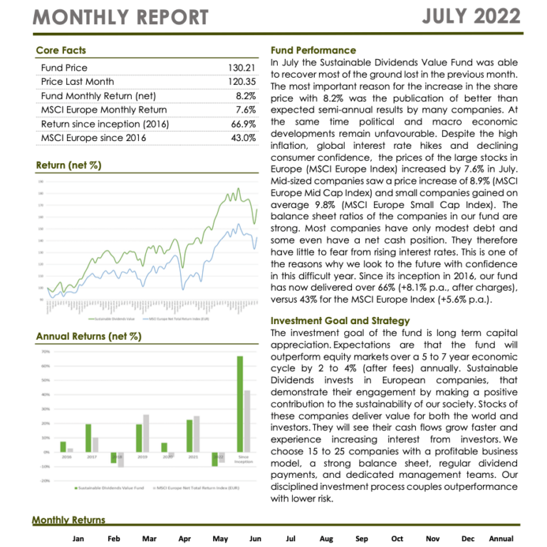 Sustainable Dividends Value Fund Monthly Report July 2022