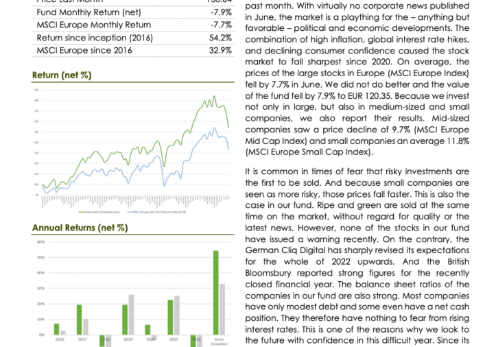 Sustainable Dividends Value Fund Monthly Report June 2022