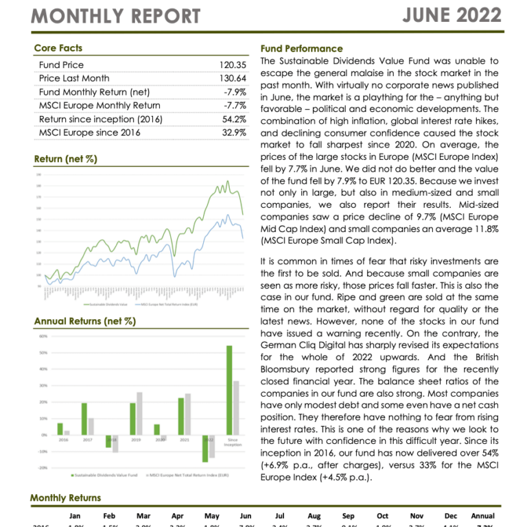 Sustainable Dividends Value Fund Monthly Report June 2022