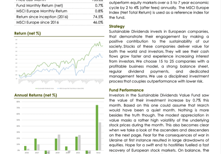 Sustainable Dividends Value Fund Monthly Report March 2022