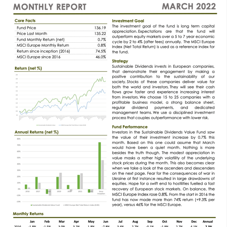 Sustainable Dividends Value Fund Monthly Report March 2022