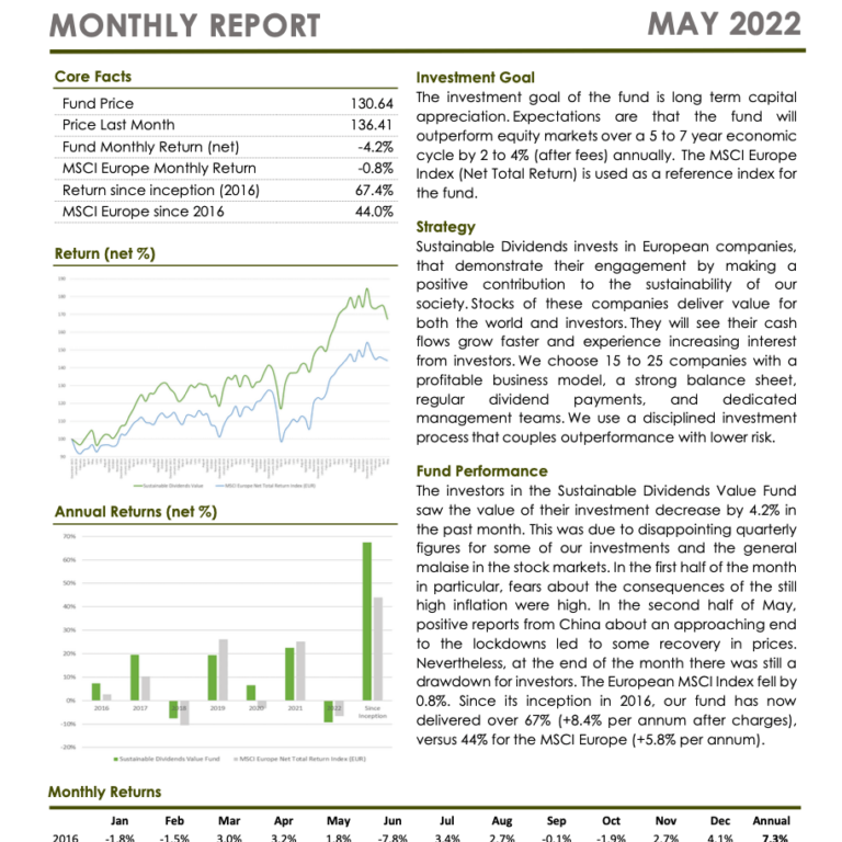 Sustainable Dividends Value Fund Monthly Report May 2022